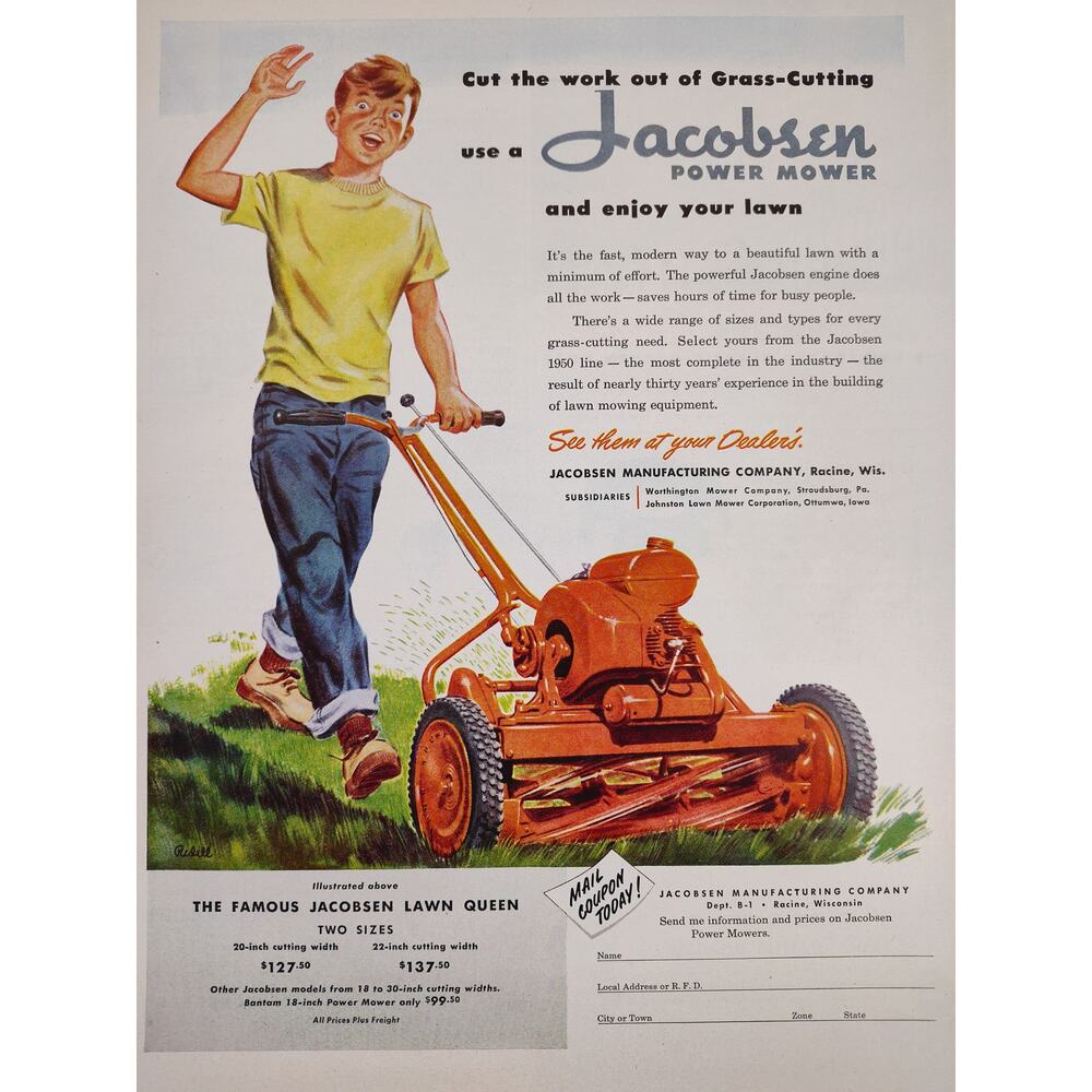 1950 Jacobsen Power Mower Smiling Waving‎ Boy Enjoying Mowing Lawn Vtg Print Ad
